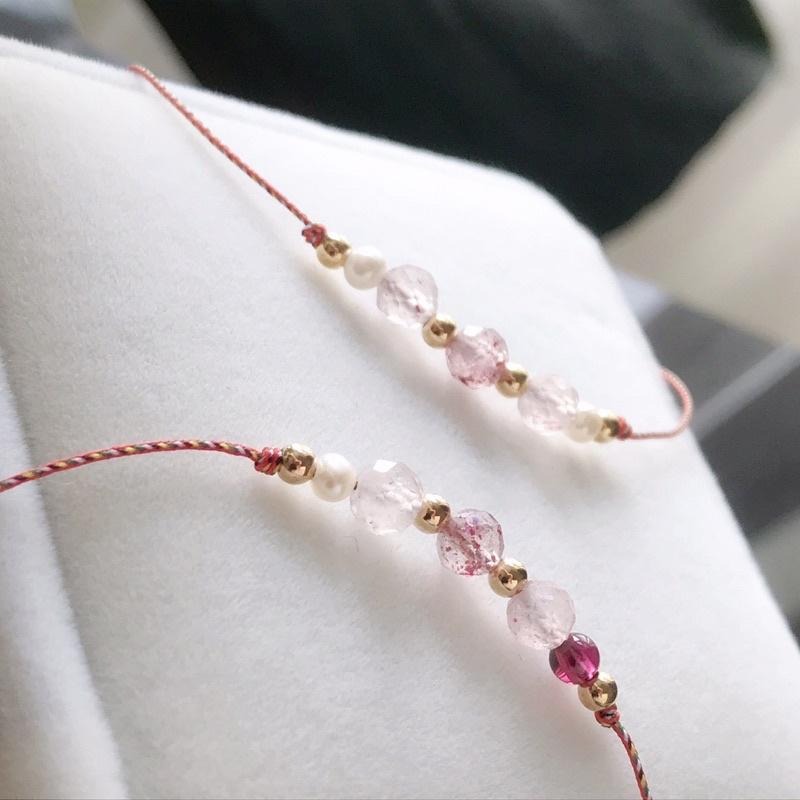 [zoeverglow]五色線+草莓晶x淡水珍珠x石榴石編製紅繩手繩｜極細-細節圖6