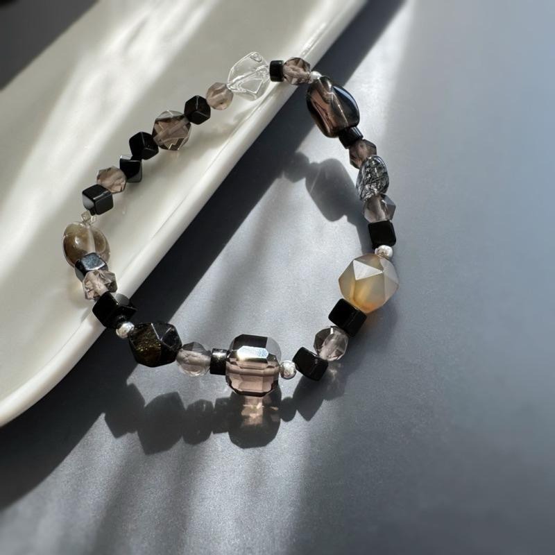 ［zoeverglow] 方塊▪️黑瑪瑙x茶水晶x黑髮晶x白水晶s925純銀手串｜淨化 護身 ｜暗黑系 大地色 美拉德-細節圖2