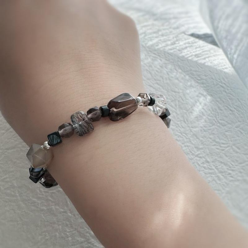 ［zoeverglow] 方塊▪️黑瑪瑙x茶水晶x黑髮晶x白水晶s925純銀手串｜淨化 護身 ｜暗黑系 大地色 美拉德-細節圖4