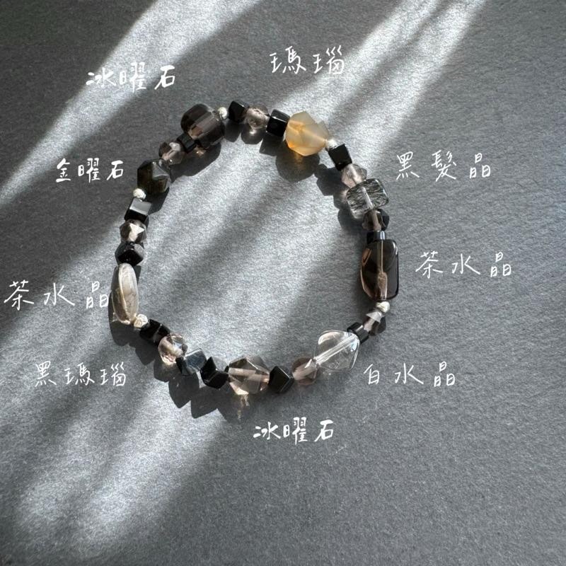 ［zoeverglow] 方塊▪️黑瑪瑙x茶水晶x黑髮晶x白水晶s925純銀手串｜淨化 護身 ｜暗黑系 大地色 美拉德-細節圖5