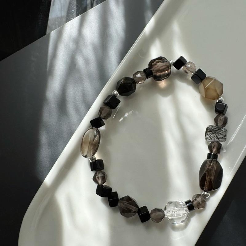 ［zoeverglow] 方塊▪️黑瑪瑙x茶水晶x黑髮晶x白水晶s925純銀手串｜淨化 護身 ｜暗黑系 大地色 美拉德-細節圖6