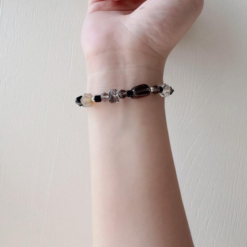 ［zoeverglow] 方塊▪️黑瑪瑙x茶水晶x黑髮晶x白水晶s925純銀手串｜淨化 護身 ｜暗黑系 大地色 美拉德-細節圖7