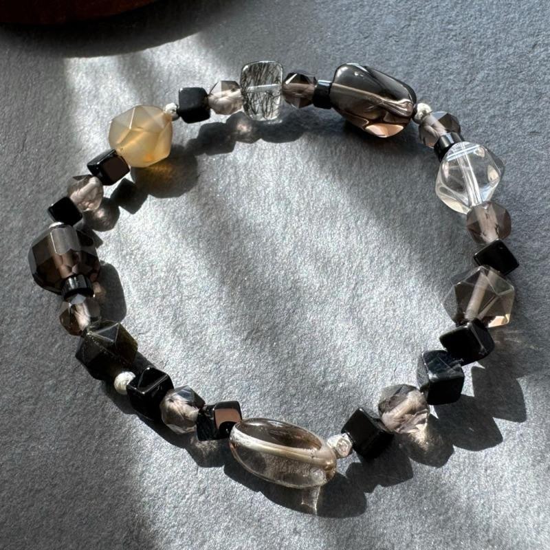 ［zoeverglow] 方塊▪️黑瑪瑙x茶水晶x黑髮晶x白水晶s925純銀手串｜淨化 護身 ｜暗黑系 大地色 美拉德-細節圖9