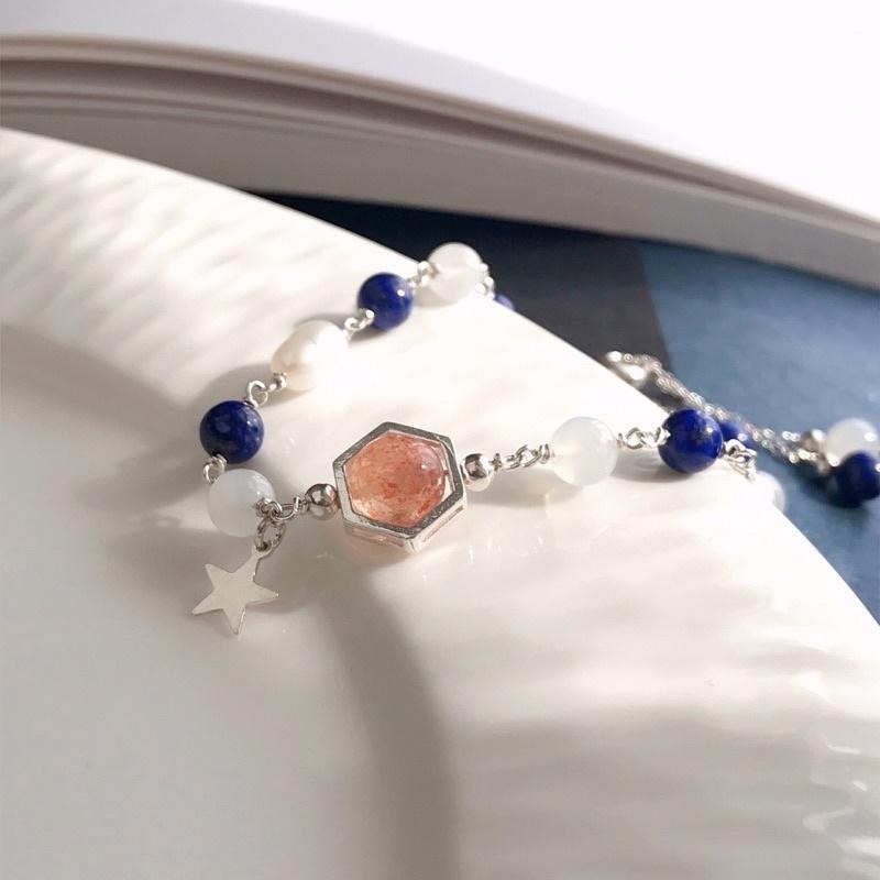 [zoeverglow]原創金草莓晶x青金石x月光石x淡水珍珠 s925純銀手鍊｜抽拉式-細節圖2