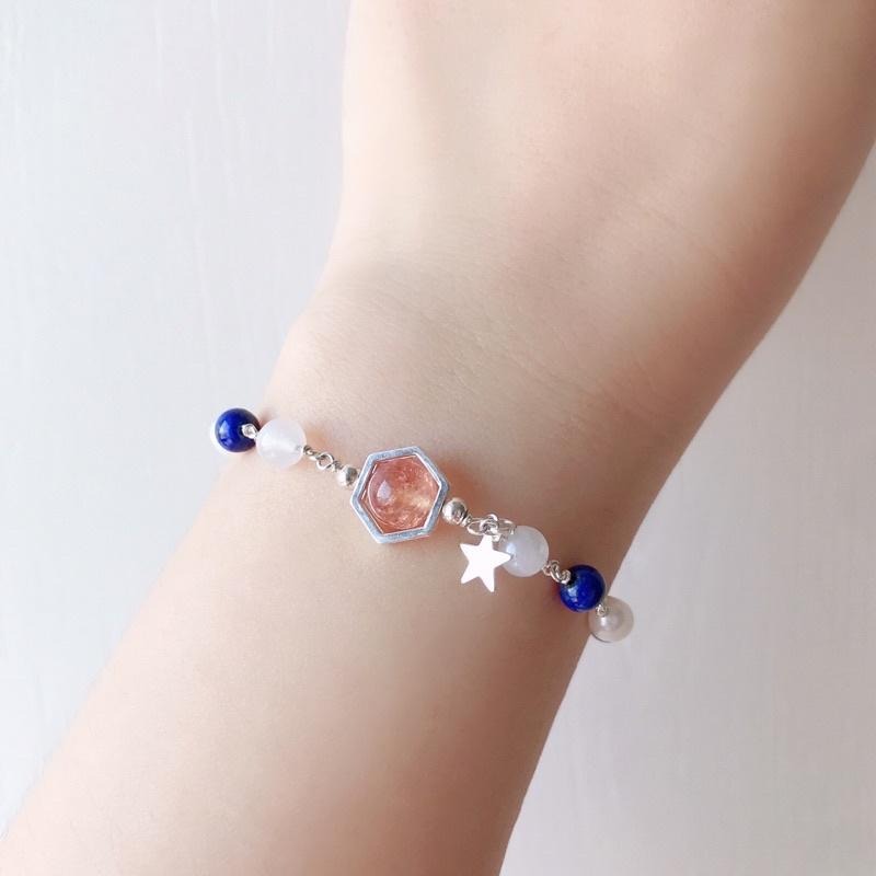 [zoeverglow]原創金草莓晶x青金石x月光石x淡水珍珠 s925純銀手鍊｜抽拉式-細節圖3