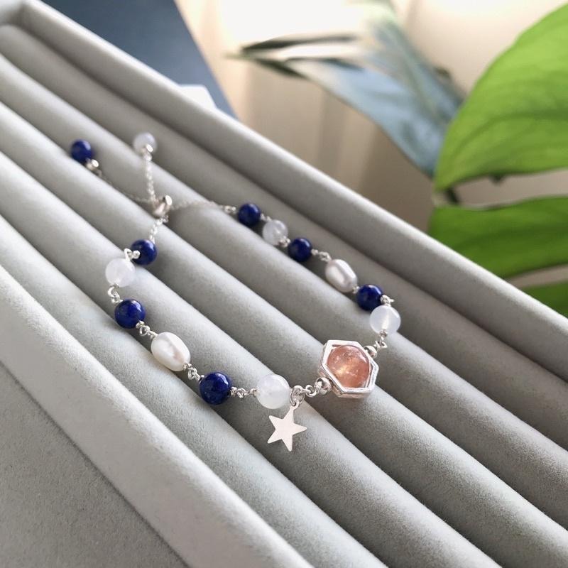 [zoeverglow]原創金草莓晶x青金石x月光石x淡水珍珠 s925純銀手鍊｜抽拉式-細節圖4