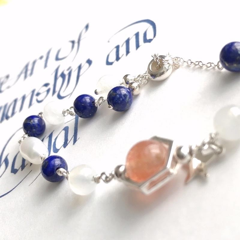 [zoeverglow]原創金草莓晶x青金石x月光石x淡水珍珠 s925純銀手鍊｜抽拉式-細節圖5