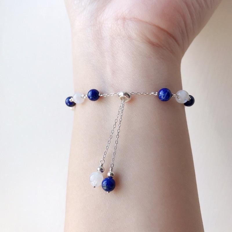 [zoeverglow]原創金草莓晶x青金石x月光石x淡水珍珠 s925純銀手鍊｜抽拉式-細節圖6