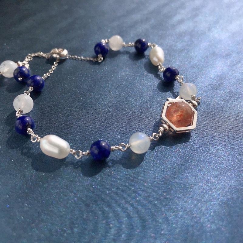 [zoeverglow]原創金草莓晶x青金石x月光石x淡水珍珠 s925純銀手鍊｜抽拉式-細節圖7