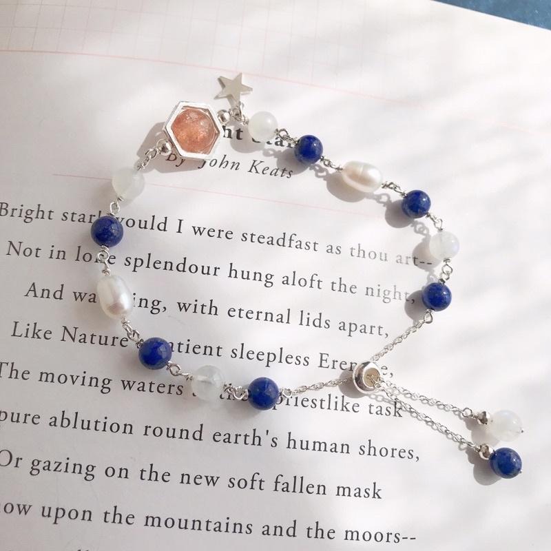 [zoeverglow]原創金草莓晶x青金石x月光石x淡水珍珠 s925純銀手鍊｜抽拉式-細節圖8