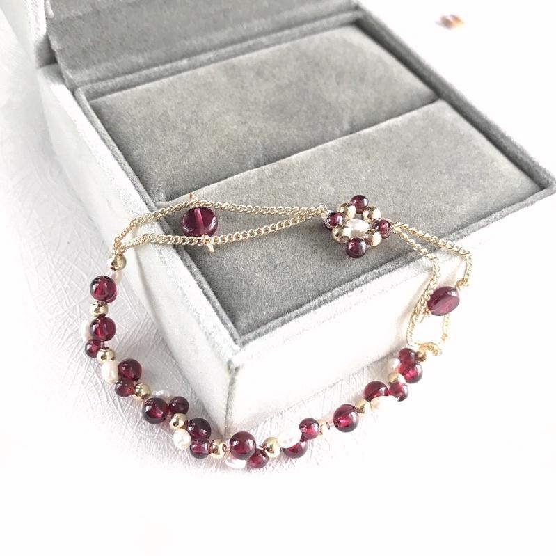 [zoeverglow]原創石榴石x淡水珍珠手鍊式手串｜半彈力繩-細節圖5