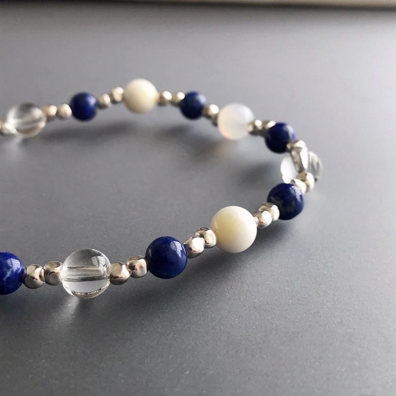 [zoeverglow]原創青金石x硨磲x白水晶 s925純銀手串｜彈力繩-細節圖2