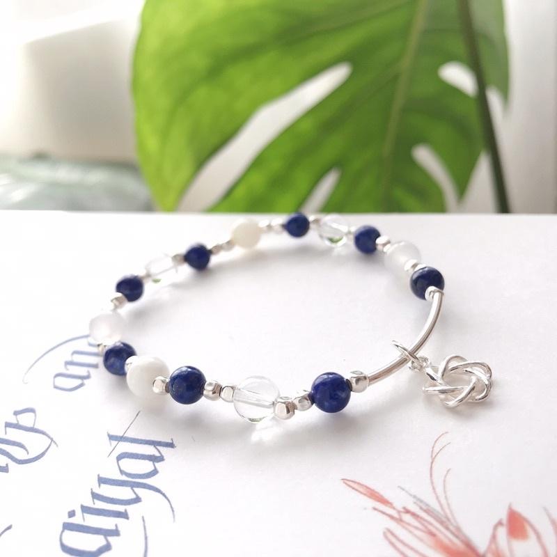 [zoeverglow]原創青金石x硨磲x白水晶 s925純銀手串｜彈力繩-細節圖4