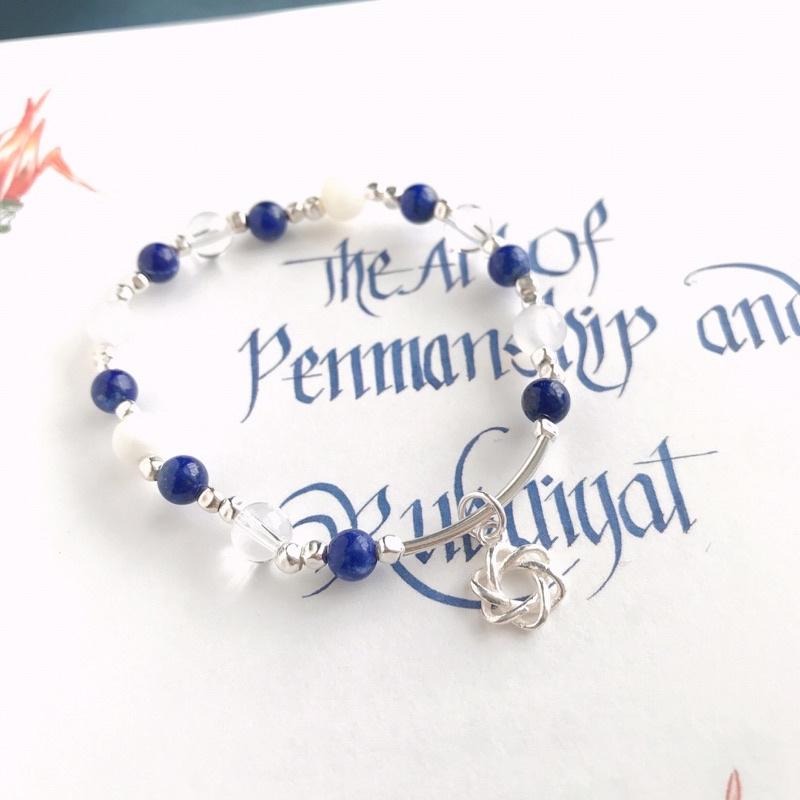 [zoeverglow]原創青金石x硨磲x白水晶 s925純銀手串｜彈力繩-細節圖9