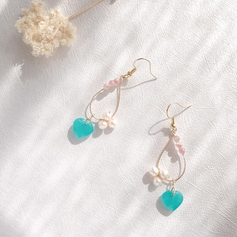 [zoeverglow]原創心形天河石x淡水珍珠x梅花碧璽耳環｜典雅 氣質-細節圖3