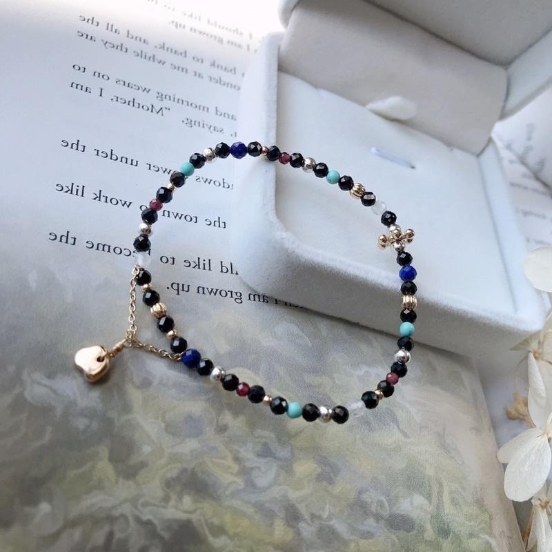 [zoeverglow]原創黑尖晶石x月光石x綠松石x石榴石手串｜金銀雙色 細手串 異國風-細節圖2