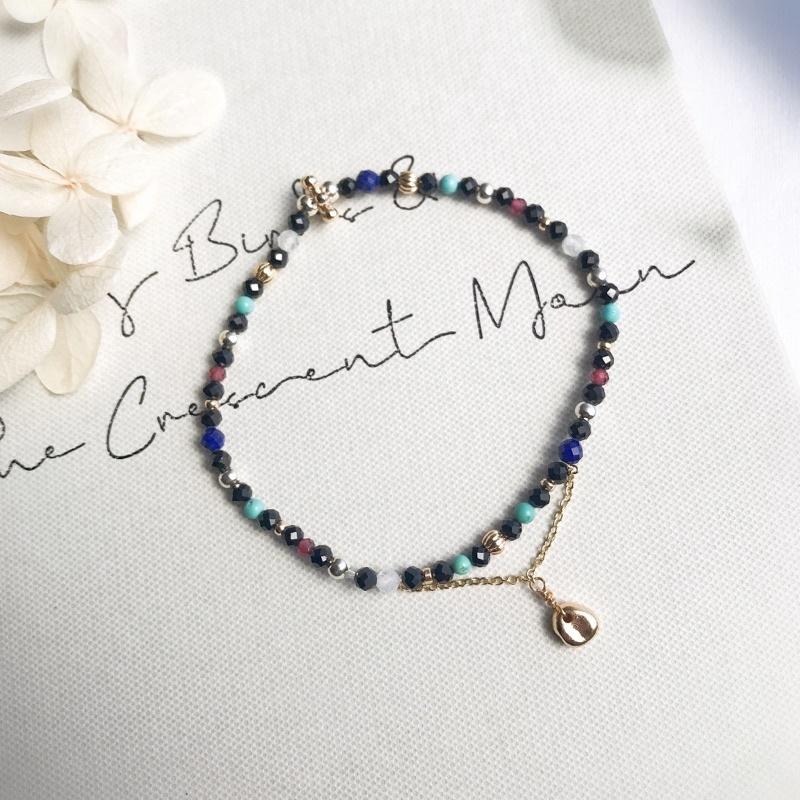 [zoeverglow]原創黑尖晶石x月光石x綠松石x石榴石手串｜金銀雙色 細手串 異國風-細節圖9