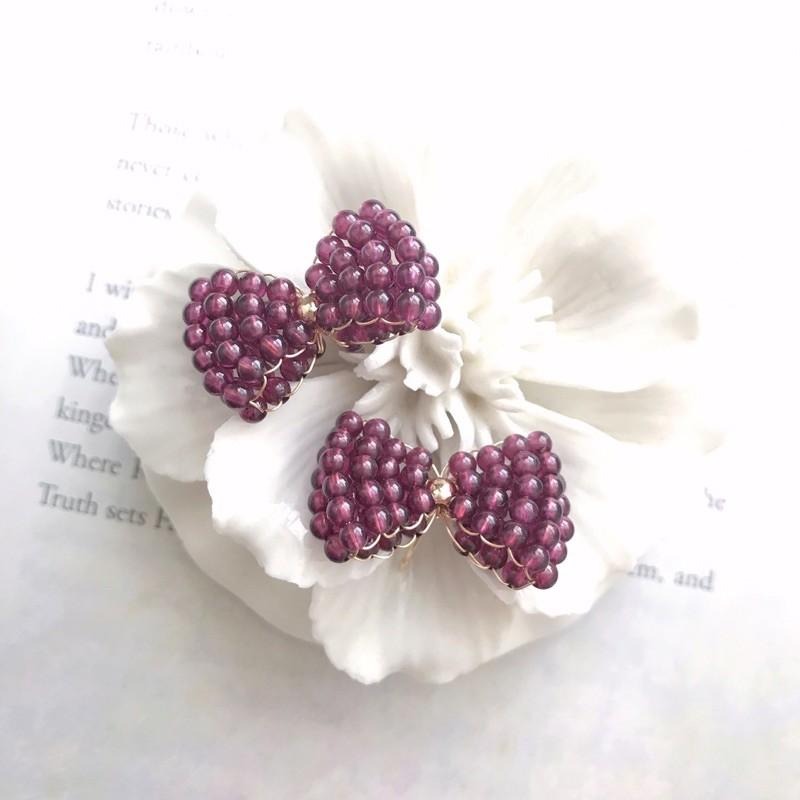 [zoeverglow]蝴蝶結石榴石耳環｜紫牙烏 手工編製 甜美 童話風-細節圖2