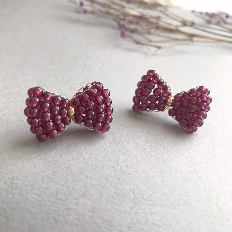 [zoeverglow]蝴蝶結石榴石耳環｜紫牙烏 手工編製 甜美 童話風-細節圖6