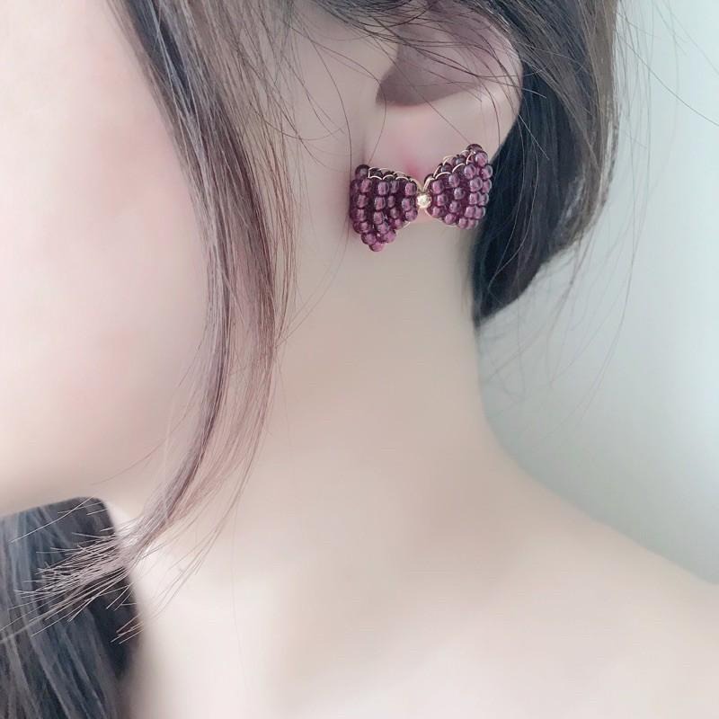 [zoeverglow]蝴蝶結石榴石耳環｜紫牙烏 手工編製 甜美 童話風-細節圖7