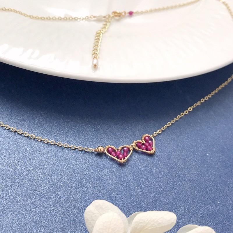 [zoeverglow]< 倆心 >桃紅尖晶石x淡水珍珠項鍊｜心心相映-細節圖2