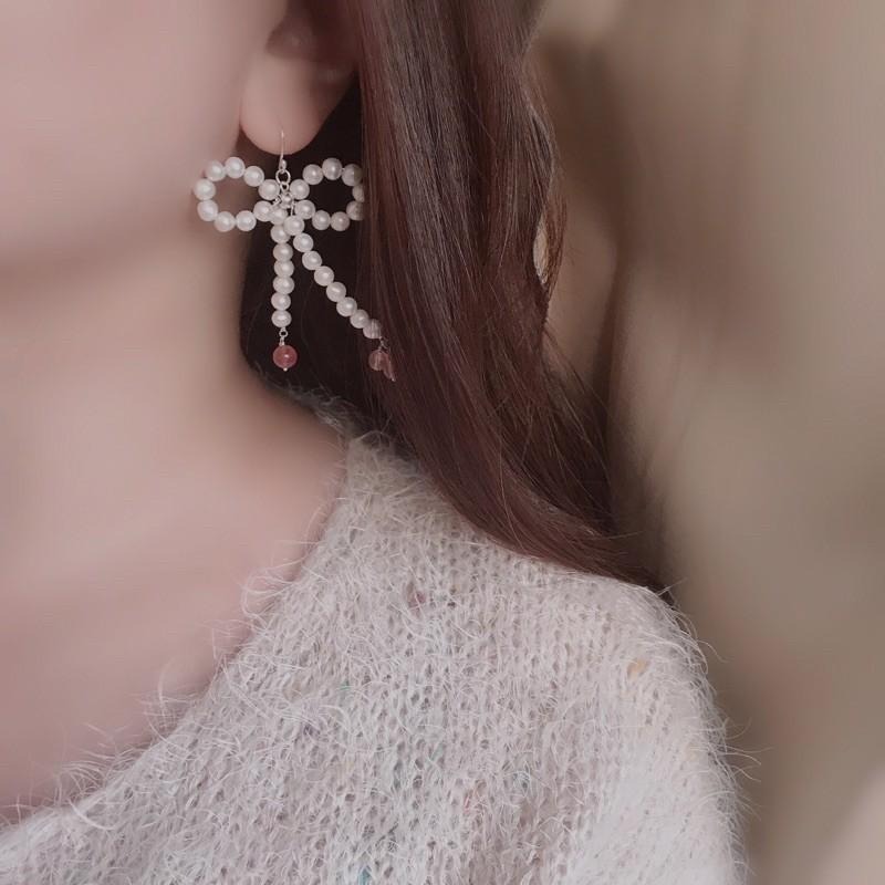 [zoeverglow]天然淡水珍珠x草莓晶s925純銀耳環｜蝴蝶結🎀-細節圖2