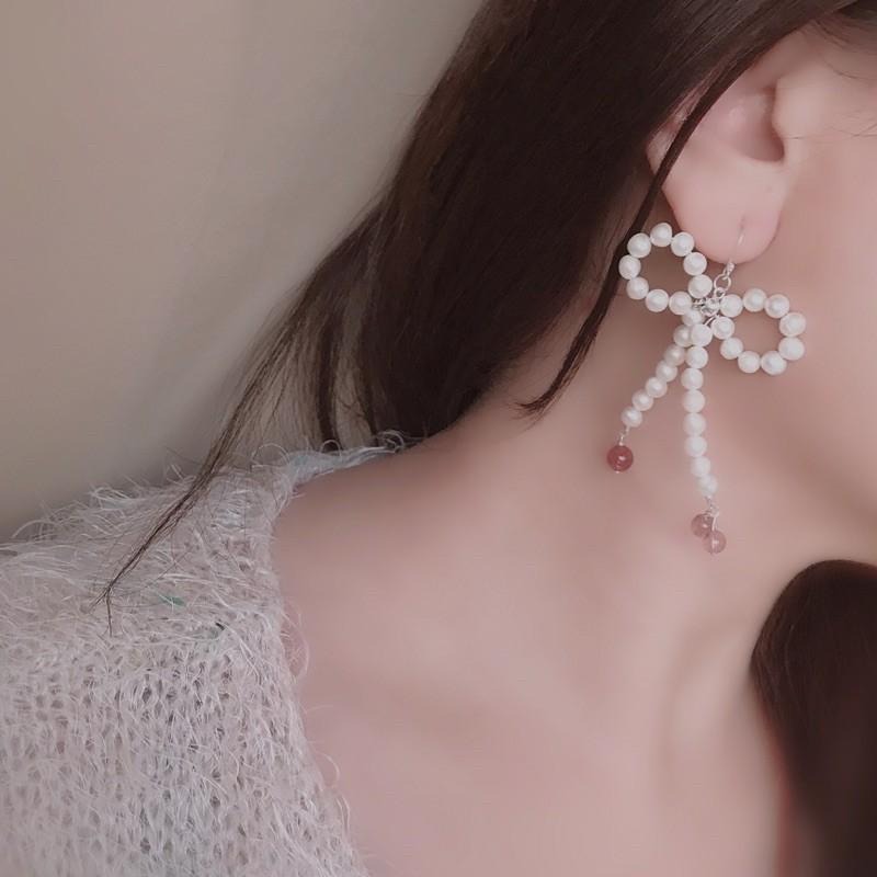 [zoeverglow]天然淡水珍珠x草莓晶s925純銀耳環｜蝴蝶結🎀-細節圖4