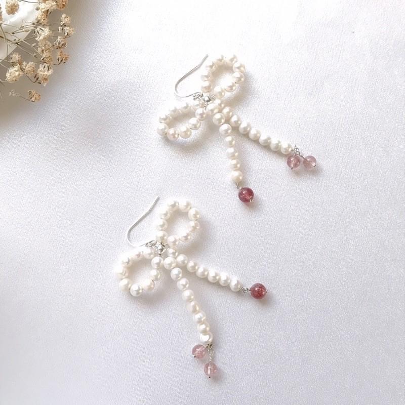 [zoeverglow]天然淡水珍珠x草莓晶s925純銀耳環｜蝴蝶結🎀-細節圖5