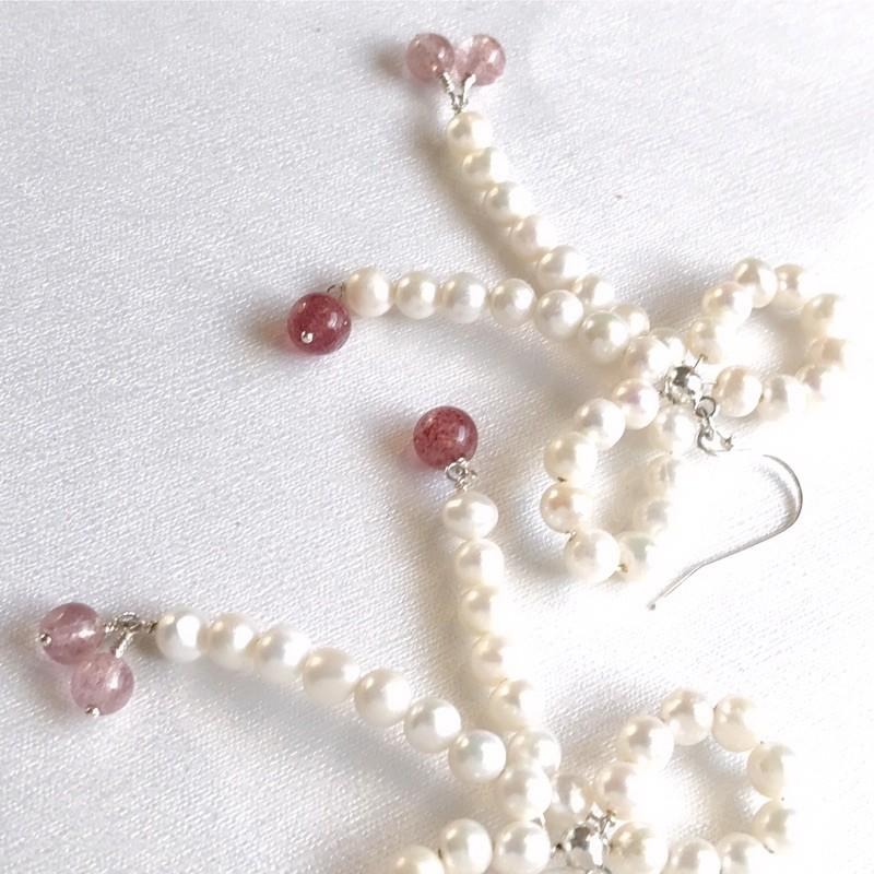 [zoeverglow]天然淡水珍珠x草莓晶s925純銀耳環｜蝴蝶結🎀-細節圖6