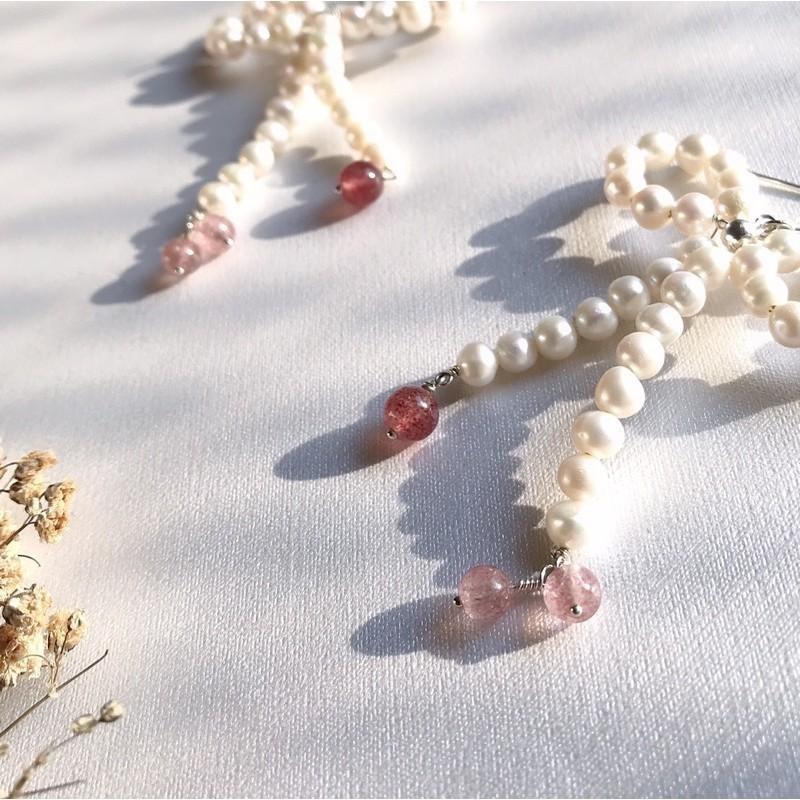 [zoeverglow]天然淡水珍珠x草莓晶s925純銀耳環｜蝴蝶結🎀-細節圖8