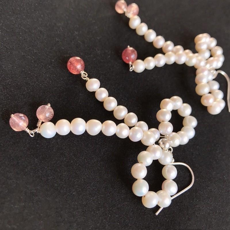 [zoeverglow]天然淡水珍珠x草莓晶s925純銀耳環｜蝴蝶結🎀-細節圖9