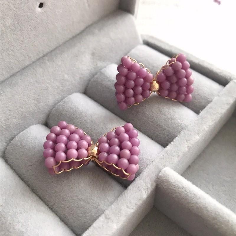 [zoeverglow]蝴蝶結紫雲母耳環｜手工編製 甜美 童話風-細節圖6