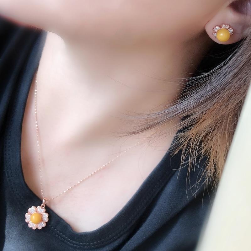 [zoeverglow]蜜蠟s925純銀鍍玫瑰金｜花朵 套組 耳環+項鍊-細節圖2