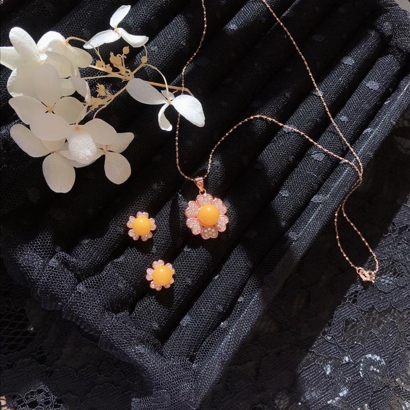 [zoeverglow]蜜蠟s925純銀鍍玫瑰金｜花朵 套組 耳環+項鍊-細節圖3