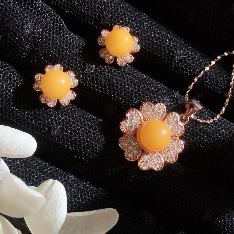 [zoeverglow]蜜蠟s925純銀鍍玫瑰金｜花朵 套組 耳環+項鍊-細節圖4