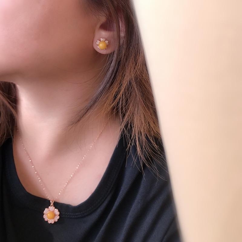 [zoeverglow]蜜蠟s925純銀鍍玫瑰金｜花朵 套組 耳環+項鍊-細節圖5