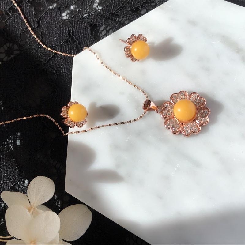 [zoeverglow]蜜蠟s925純銀鍍玫瑰金｜花朵 套組 耳環+項鍊-細節圖6