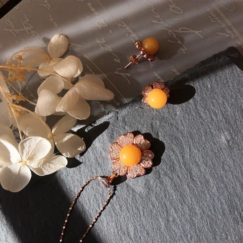 [zoeverglow]蜜蠟s925純銀鍍玫瑰金｜花朵 套組 耳環+項鍊-細節圖8