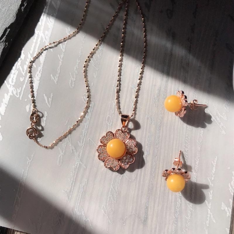 [zoeverglow]蜜蠟s925純銀鍍玫瑰金｜花朵 套組 耳環+項鍊-細節圖9