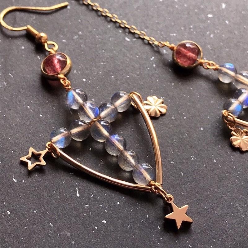 [zoeverglow]拉長石x草莓晶耳環｜十字 不對稱 冷淡風 小眾-細節圖3