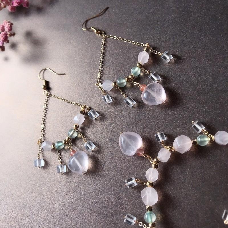 [zoeverglow]愛心粉晶 x 葡萄石項鍊+耳環｜宮廷風 套組-細節圖3