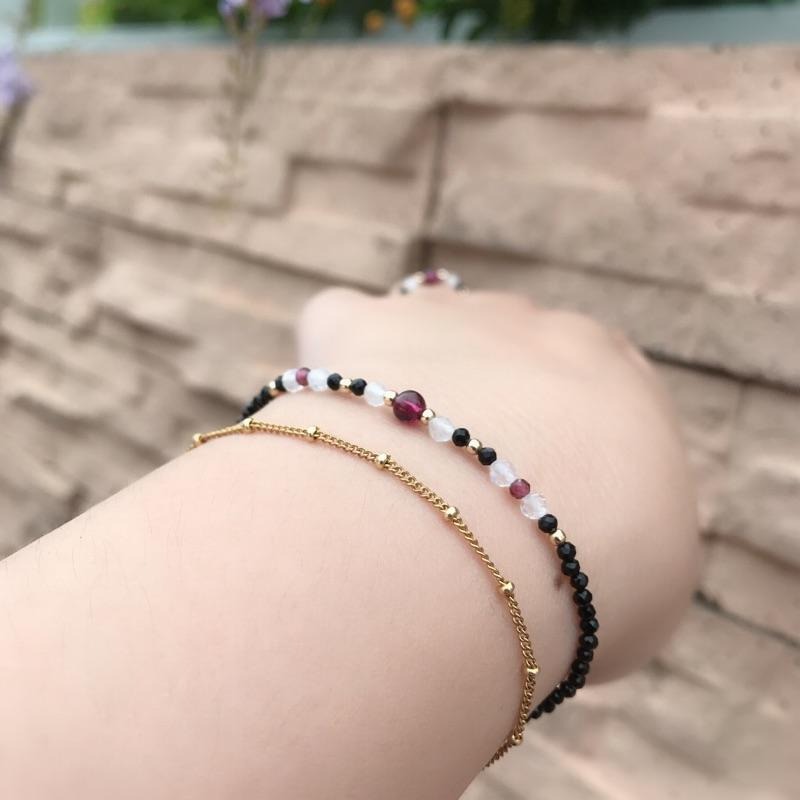 [zoeverglow]< 夜色微醺 >月光石x石榴石x黑尖晶石手鍊｜戒指 美國14kgf-細節圖2