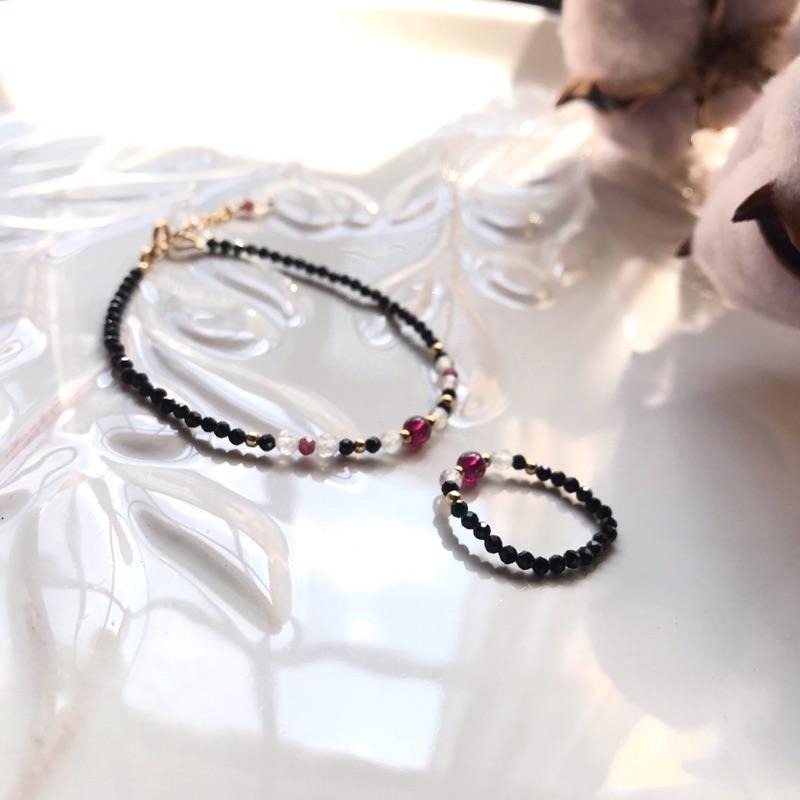 [zoeverglow]< 夜色微醺 >月光石x石榴石x黑尖晶石手鍊｜戒指 美國14kgf-細節圖3