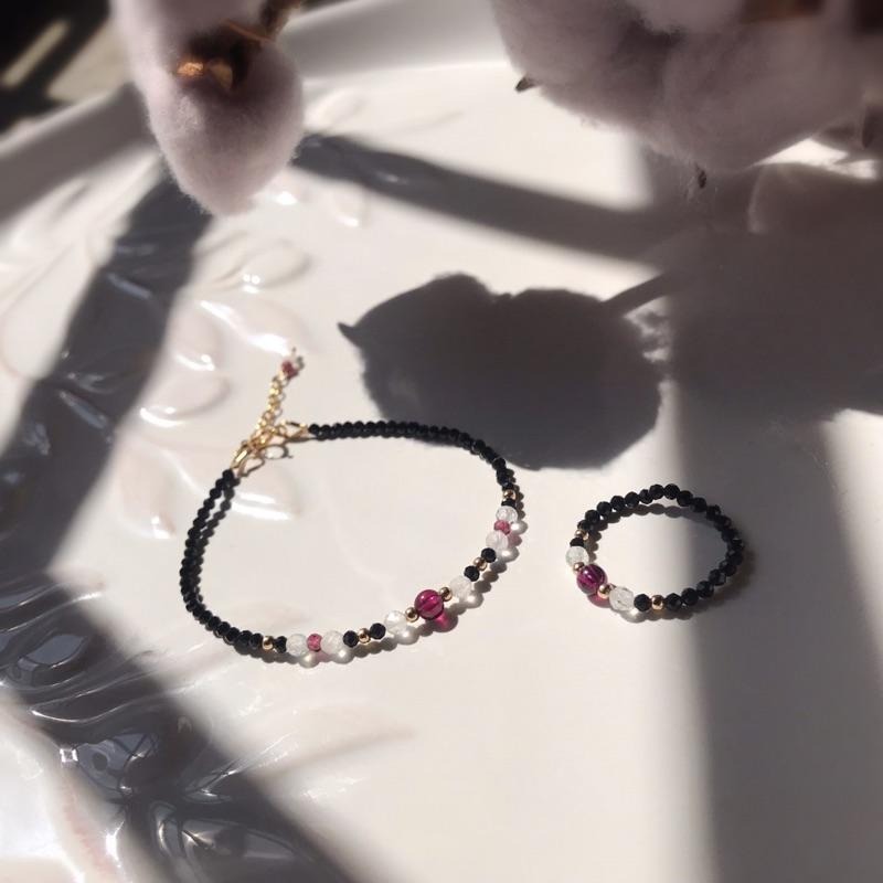 [zoeverglow]< 夜色微醺 >月光石x石榴石x黑尖晶石手鍊｜戒指 美國14kgf-細節圖9