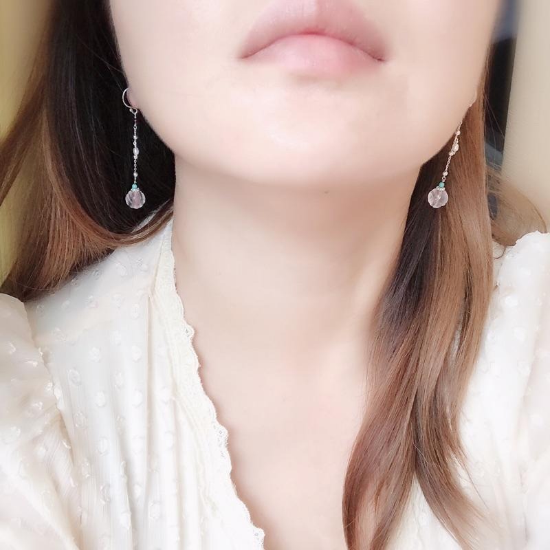 [zoeverglow]< 春天 >粉晶x綠松石x石榴石x淡水珍珠s925純銀耳環｜玫瑰花球-細節圖4