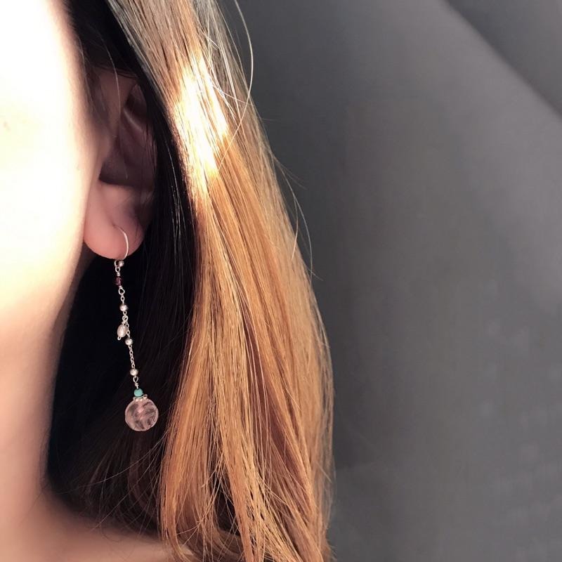 [zoeverglow]< 春天 >粉晶x綠松石x石榴石x淡水珍珠s925純銀耳環｜玫瑰花球-細節圖9