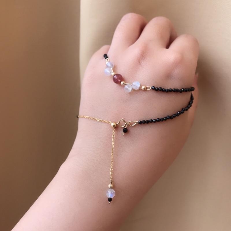 [zoeverglow]< 天使的羽翼 >藍月光石x草莓晶x黑尖晶石頸鍊|抽拉式調節-細節圖7