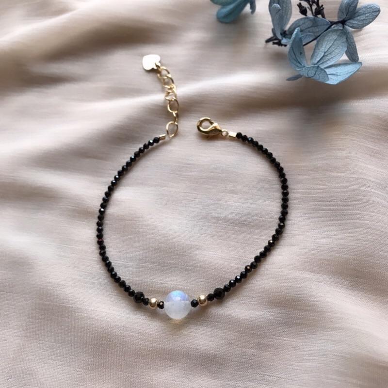 原創天然月光石14k包金黑尖晶石手鍊-細節圖5