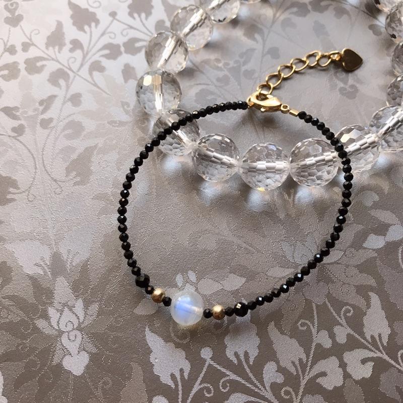 原創天然月光石14k包金黑尖晶石手鍊-細節圖7