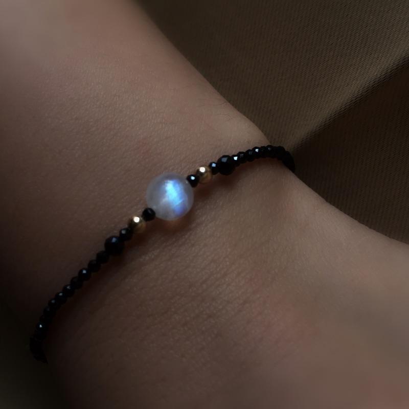 原創天然月光石14k包金黑尖晶石手鍊-細節圖8